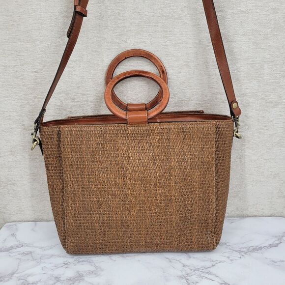 Patricia Nash Mariola Raffia Tote Bag in Tobacco Brown Woven Handbag Crossbody - Picture 2 of 13